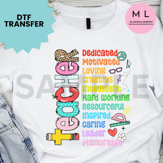 Colorful Teacher DTF Transfers