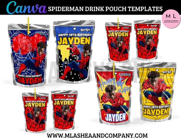 CANVA Spiderman Bday Drink Pouch Templates