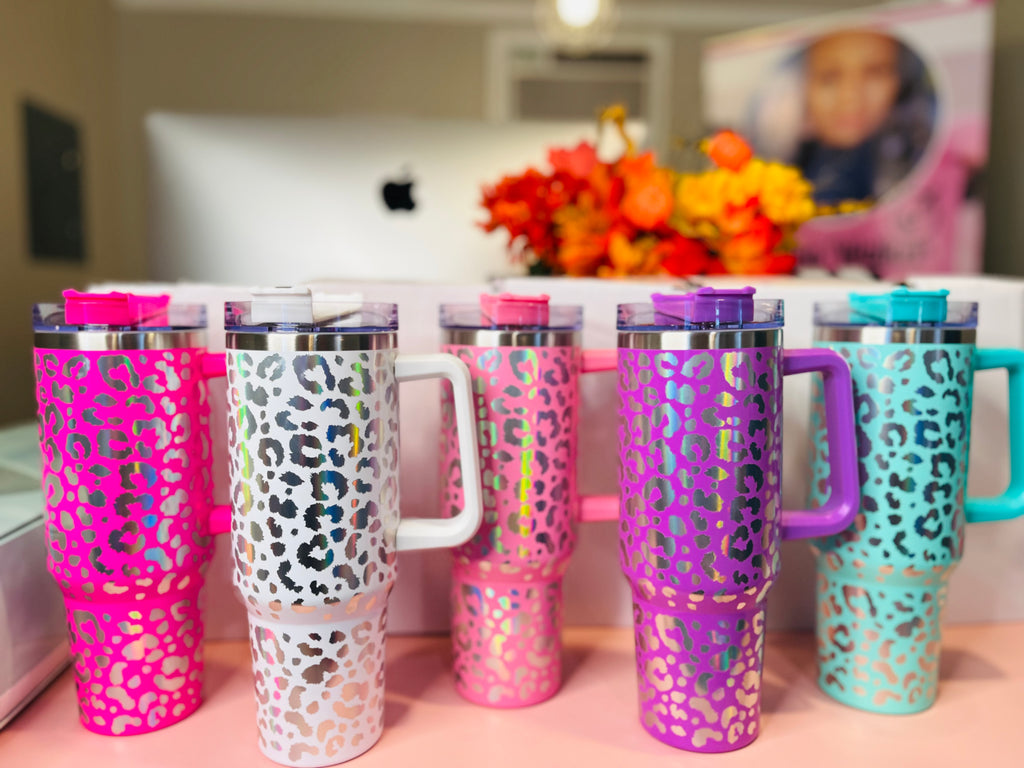 40oz Tie Dye Glitter Leopard Insulated Tumblers With Lids With